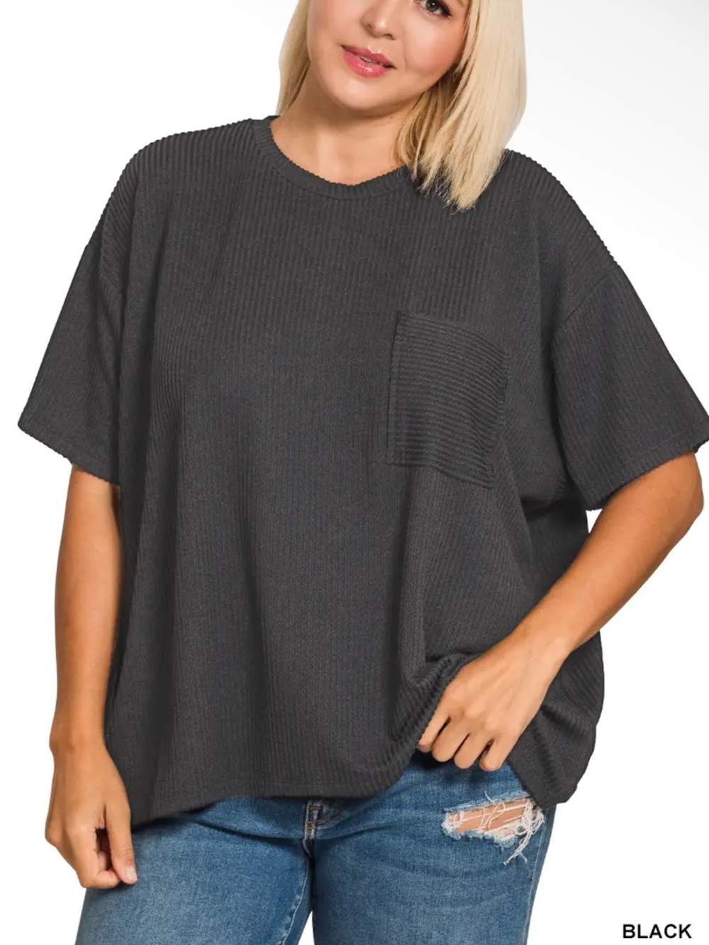 Black Zenana Corded Ribbed Shirt with Pocket